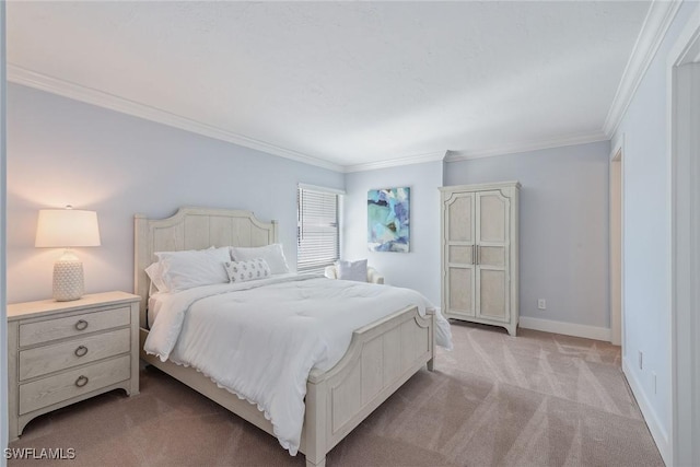 bedroom with ornamental molding and light carpet