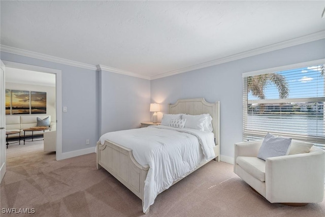 carpeted bedroom with ornamental molding