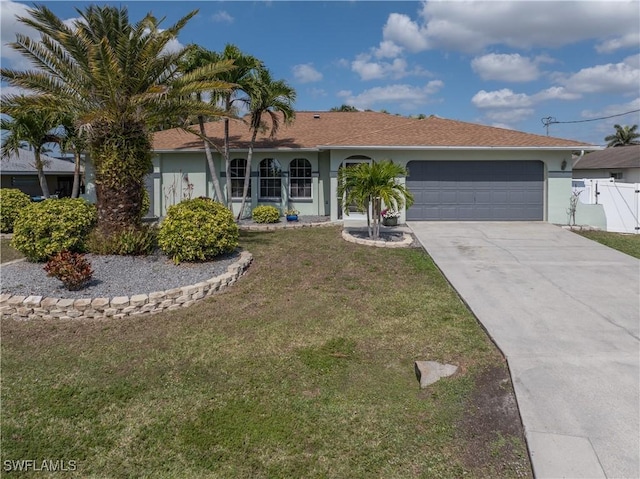 ranch-style house with a garage and a front yard