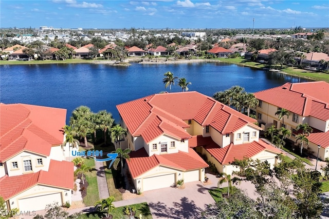 drone / aerial view with a water view