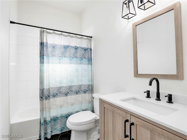 8850 Springwood Ct, Bonita Springs, FL 34135 - full bathroom with toilet, vanity, tile patterned floors, and shower / bath combo with shower curtain