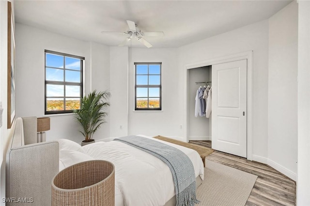 bedroom featuring wood-type flooring, ceiling fan, and a closet