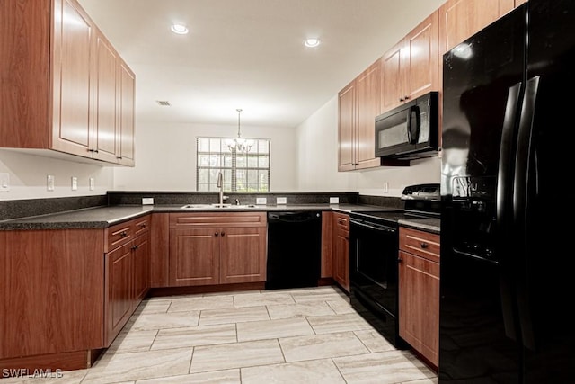 kitchen with sink, decorative light fixtures, kitchen peninsula, a notable chandelier, and black appliances