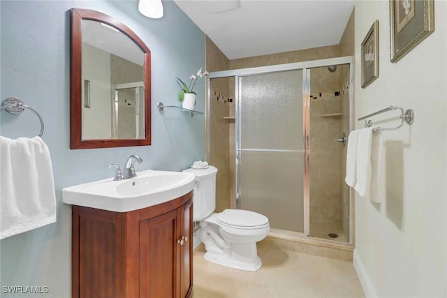 bathroom with toilet, a stall shower, tile patterned flooring, and vanity
