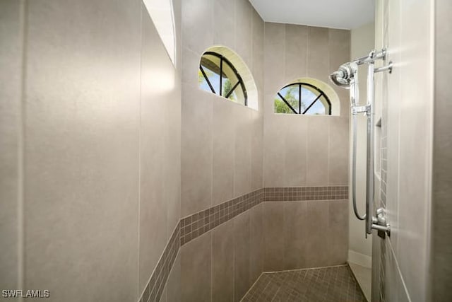 interior details featuring a tile shower