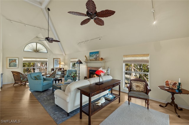 living room with rail lighting, wood-type flooring, high vaulted ceiling, ceiling fan, and a tiled fireplace