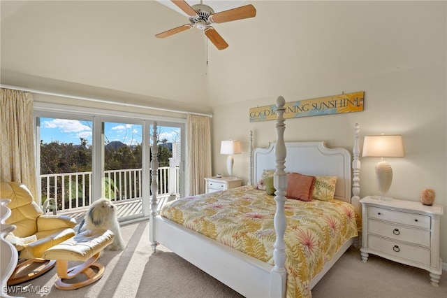 bedroom featuring ceiling fan, light colored carpet, a high ceiling, and access to outside