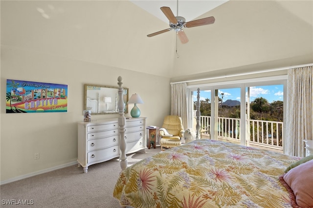 carpeted bedroom featuring ceiling fan, access to exterior, and high vaulted ceiling