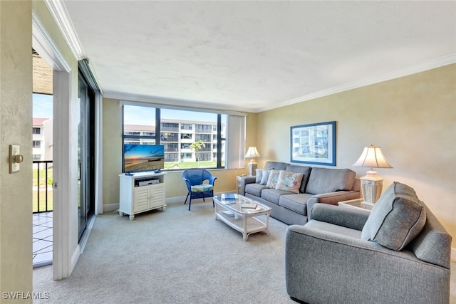 carpeted living room with crown molding