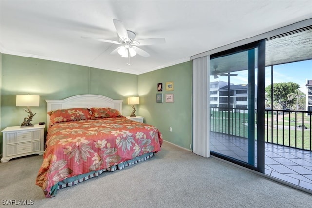 bedroom featuring floor to ceiling windows, crown molding, access to outside, carpet floors, and ceiling fan