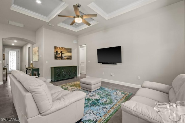 living area featuring a ceiling fan, arched walkways, coffered ceiling, and crown molding