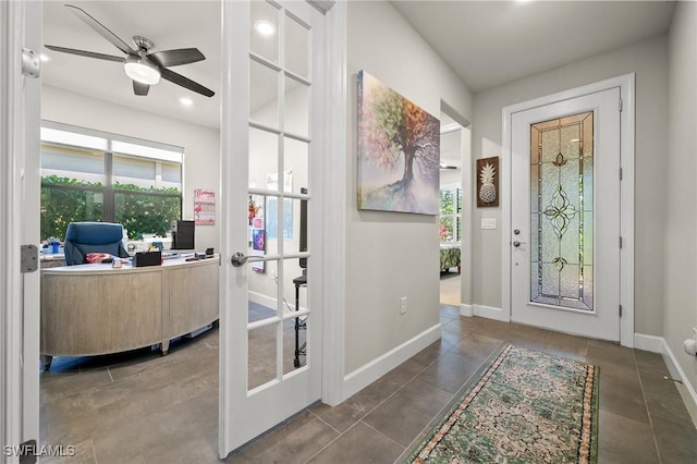 entryway with recessed lighting, ceiling fan, baseboards, and french doors