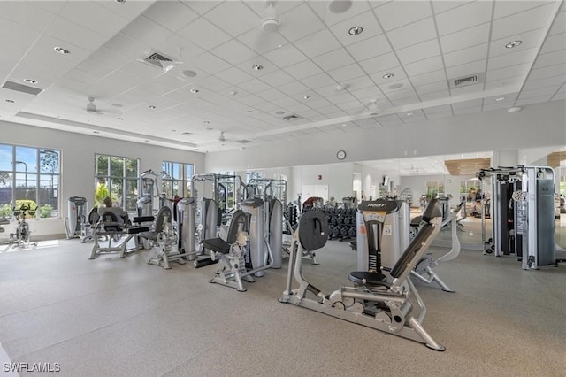 exercise room featuring a drop ceiling, visible vents, and a ceiling fan