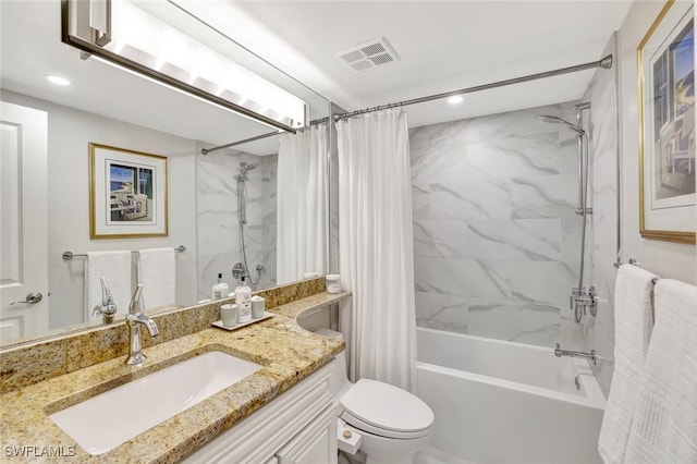 full bathroom with vanity, shower / bathtub combination with curtain, and toilet