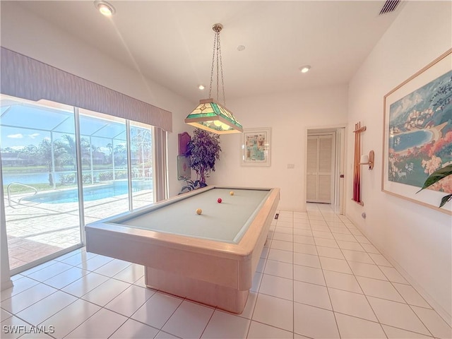 game room with light tile patterned floors and pool table