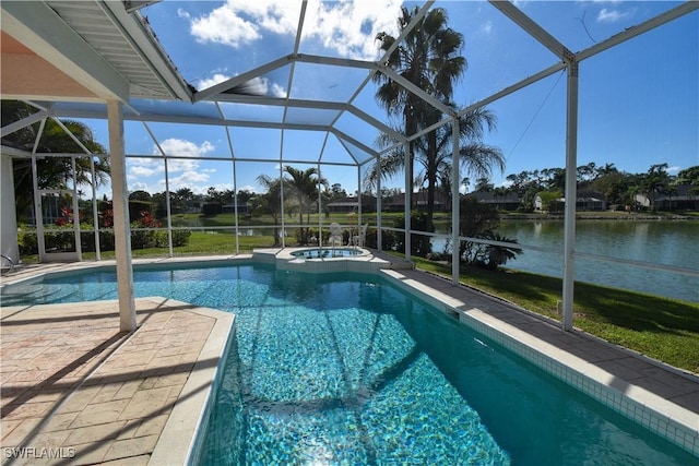 view of pool featuring a water view, an in ground hot tub, a lanai, and a patio area