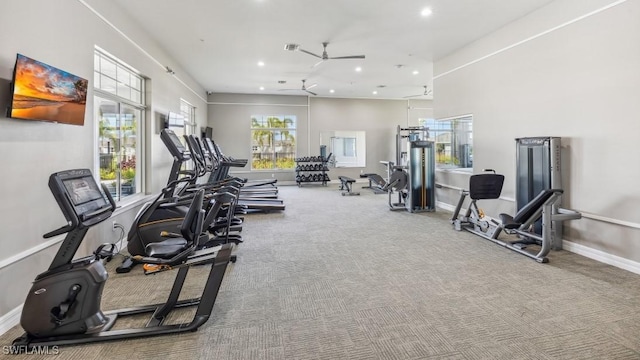 2609 Table Coral Trl, North Fort Myers, FL 33903 - exercise room featuring ceiling fan, recessed lighting, baseboards, and carpet floors