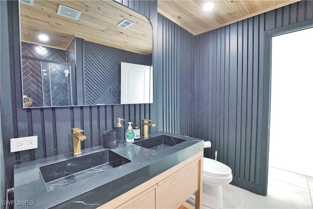 bathroom featuring tile patterned flooring, vanity, wooden ceiling, and toilet