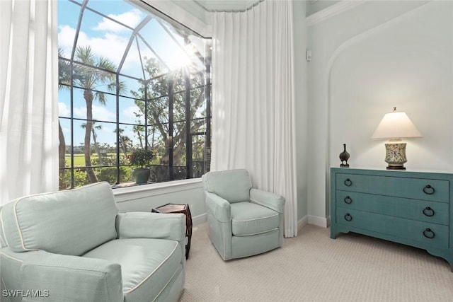 sitting room featuring light colored carpet