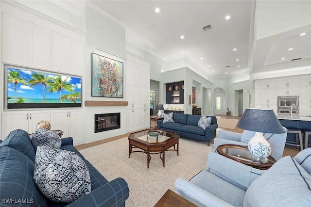 living room with crown molding and sink