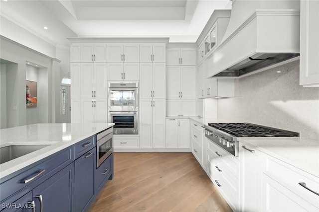 kitchen featuring premium range hood, blue cabinets, a tray ceiling, stainless steel appliances, and white cabinets