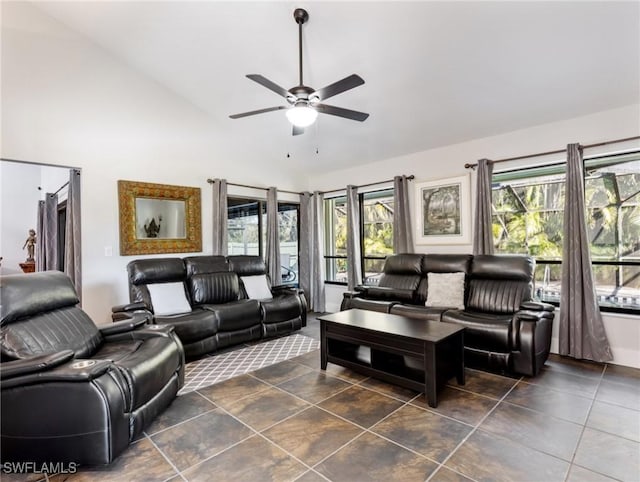 tiled living room featuring high vaulted ceiling and ceiling fan