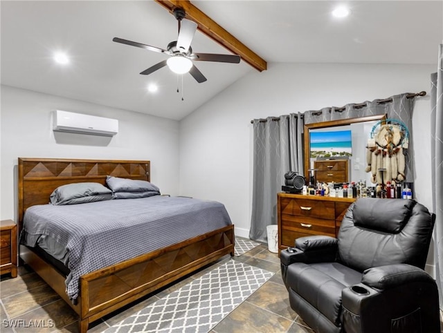 bedroom with vaulted ceiling with beams, a wall unit AC, and ceiling fan