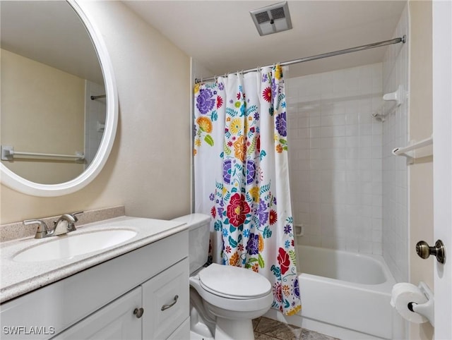 full bathroom featuring toilet, vanity, and shower / bathtub combination with curtain