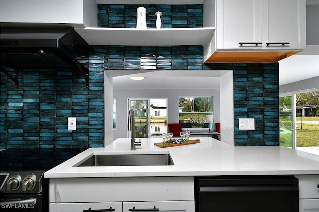 kitchen with electric stove, sink, and white cabinets