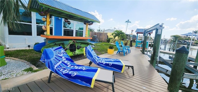 wooden deck with a boat dock