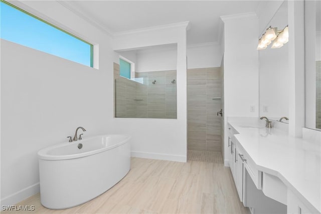 bathroom featuring vanity, shower with separate bathtub, and crown molding