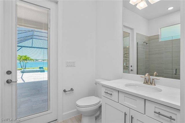 bathroom with vanity, toilet, and a shower with shower door