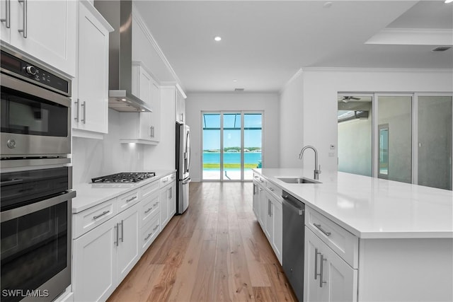 kitchen featuring sink, white cabinetry, stainless steel appliances, ornamental molding, and wall chimney exhaust hood