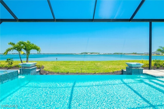 view of pool with a water view, pool water feature, and glass enclosure