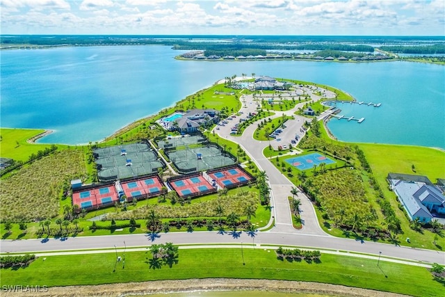 bird's eye view with a water view