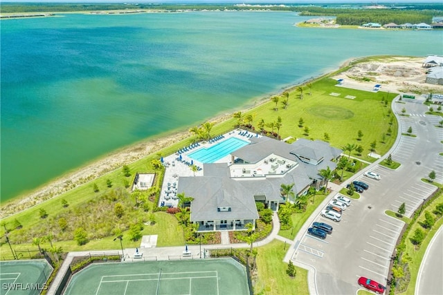 drone / aerial view with a water view