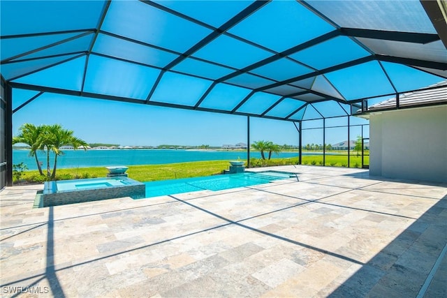 view of pool with a water view, an in ground hot tub, a lanai, and a patio