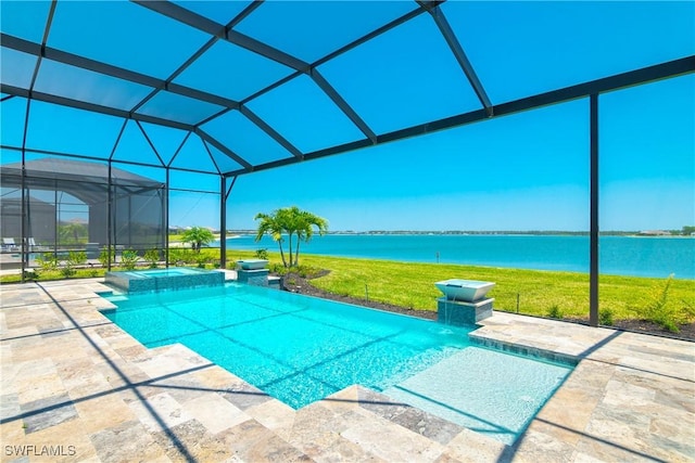 view of swimming pool featuring a water view, an in ground hot tub, a patio area, and glass enclosure