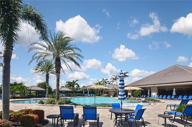 view of swimming pool featuring a gazebo and a patio