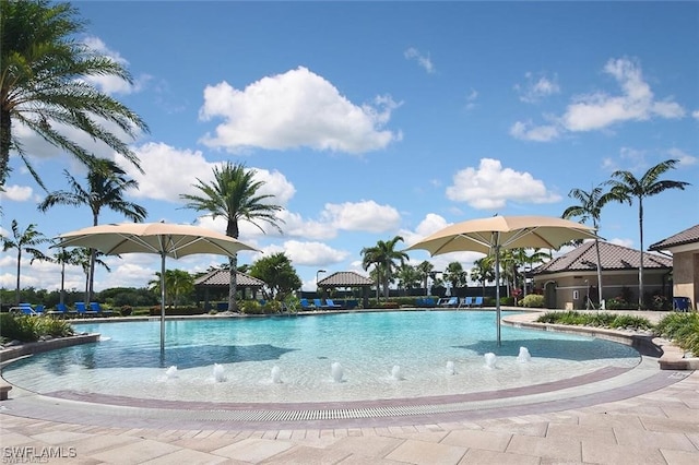 view of swimming pool featuring pool water feature