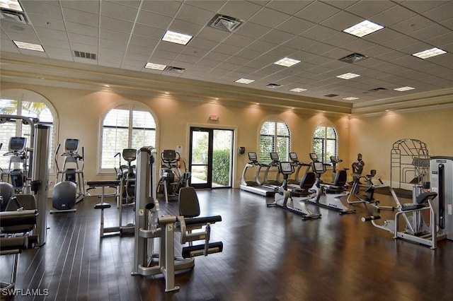 workout area with crown molding, a towering ceiling, dark wood-type flooring, and a drop ceiling