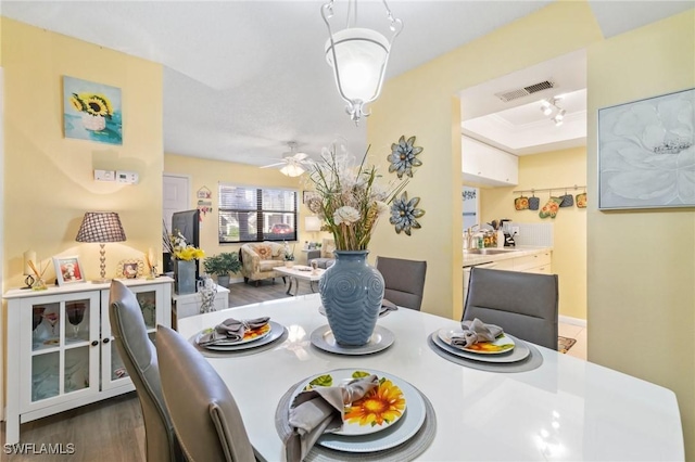 dining room featuring a ceiling fan, a tray ceiling, wood finished floors, and visible vents