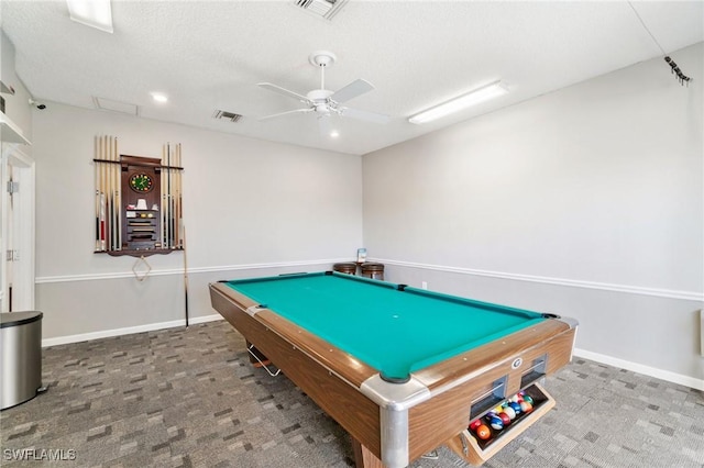 recreation room with visible vents, baseboards, ceiling fan, and carpet flooring