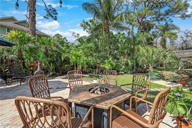 view of patio / terrace featuring an outdoor fire pit