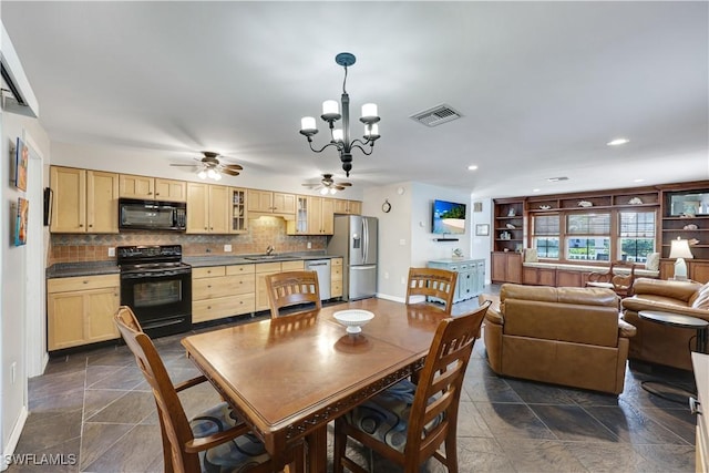 dining room featuring ceiling fan with notable chandelier, recessed lighting, visible vents, and baseboards