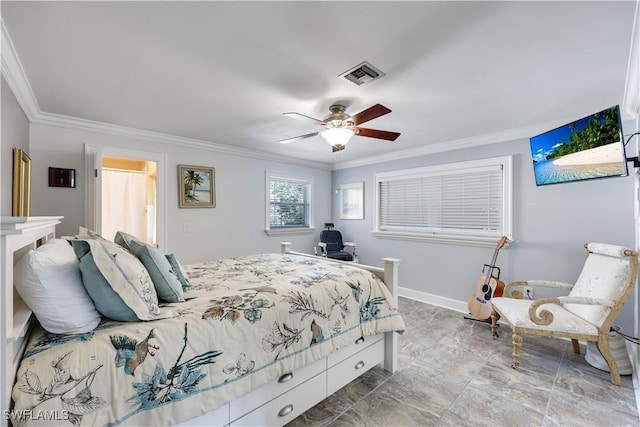 bedroom featuring ceiling fan, ornamental molding, visible vents, and baseboards