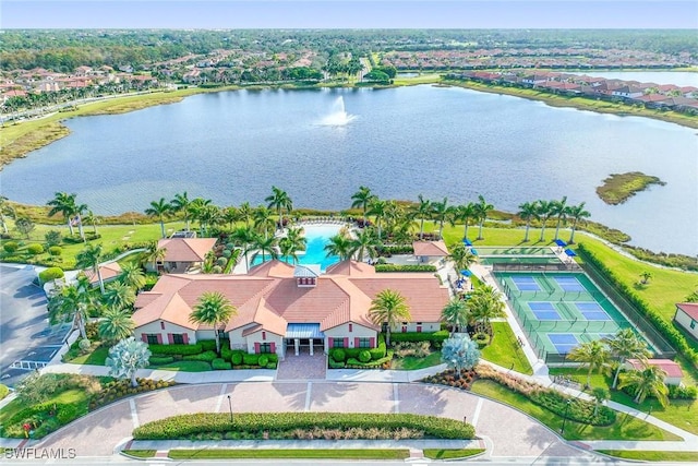 bird's eye view with a water view