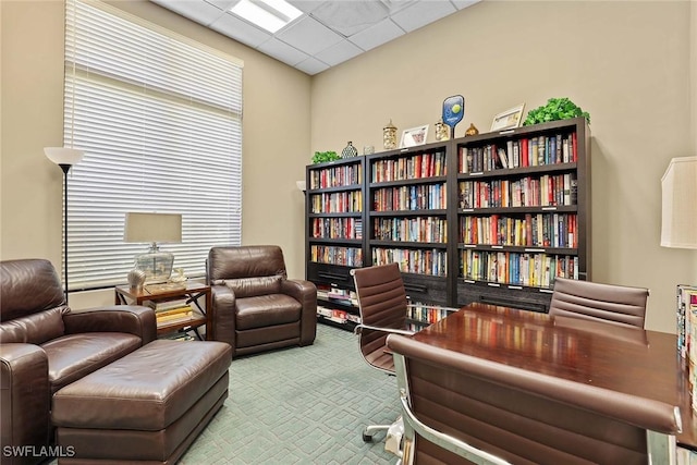 carpeted office space with a drop ceiling