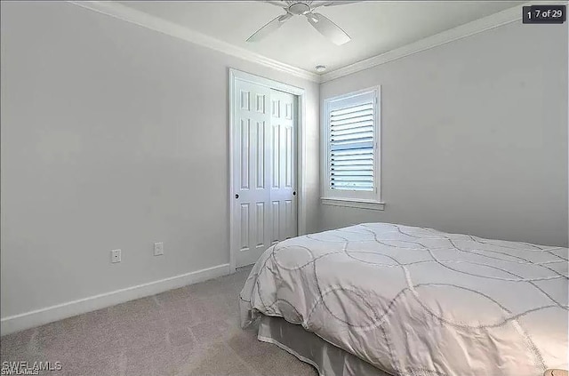 carpeted bedroom featuring a closet, crown molding, and ceiling fan