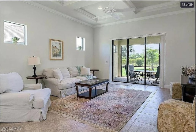 living room with ceiling fan, light tile patterned flooring, beamed ceiling, coffered ceiling, and crown molding